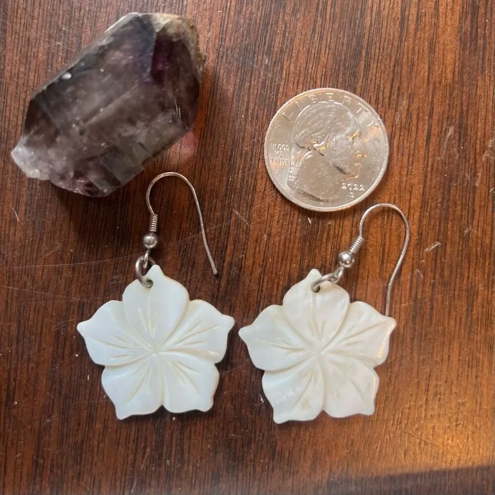 Ivory Shell Carved Hibiscus Drop Earrings